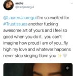 Lauren Jauregui Instagram – So many of you have shared such funny/beautiful/excited thoughts and feelings about receiving #TrustIssues tomorrow which is really MIDNIGHT TONIGHT!! Who’s pre-saved it? And if you haven’t wtf are you doing? Lol go do that right now LOCA (link is exactly where you think it is) (the bio for those of you with poor reading comprehension skills) LOVE YOU AHH #TRUSTISSUES IS ALMOST HERE!! Also feel free to comment why you have trust issues below in the comments👇🏼🥰