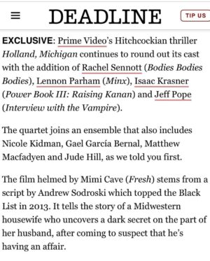 Lennon Parham Instagram - Put it on the main!! So THRILLED to be joining this amazing line-up for this brilliant and terrifying script helmed by genius @mimicave