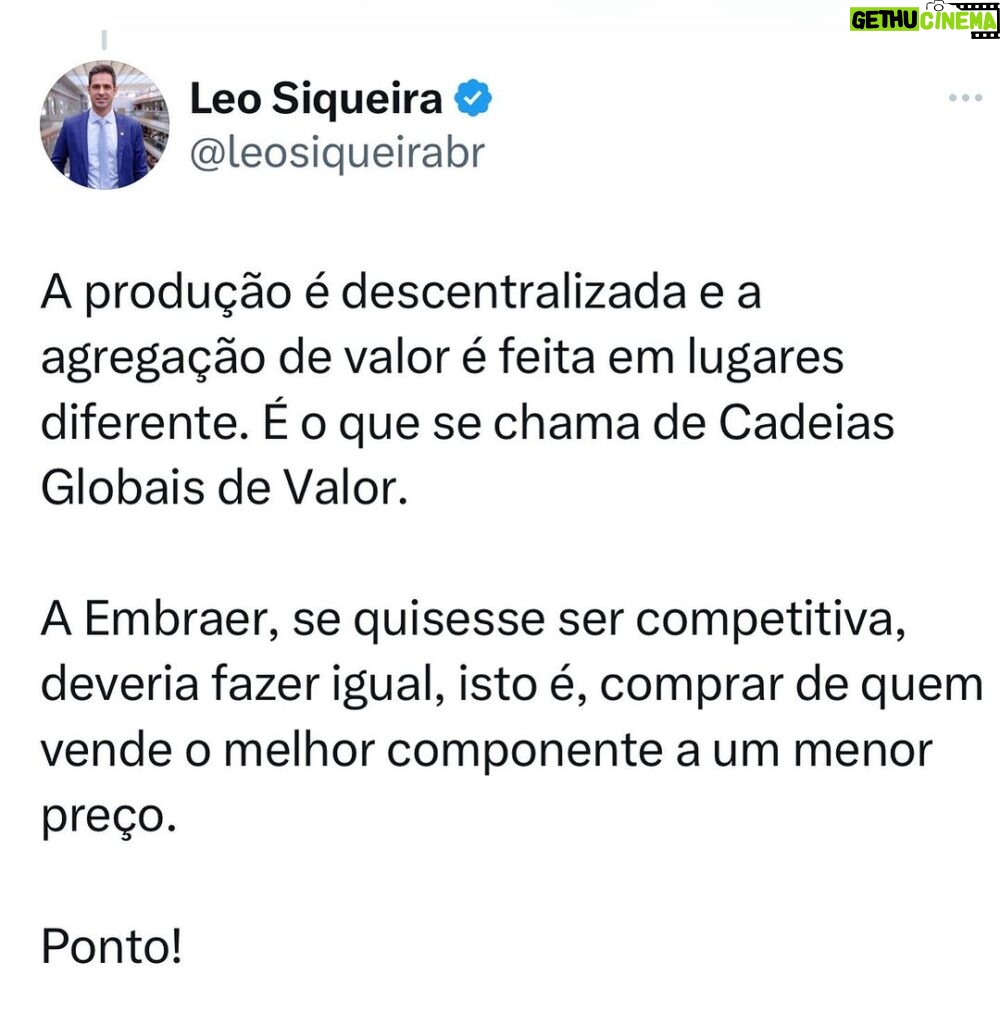 Leonardo Siqueira Instagram - Claro que há outros motivos do porque a Embraer é relevante! Mas, sem dúvidas, isso explica grande parte do seu sucesso!