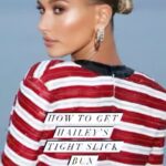 Liz Trinnear Instagram - Hailey Bieber sleek bun tutorial ✨ . . This is my default hairstyle these days because a) it’s so easy b) looks cute c) takes under 5 mins. My good pal @matthewstylist taught me the hot tip on using a beard brush which is a game changer for smoothing. You can do this style with wet or dry hair. Jazz it up or keep it simple! Have a bun time! 😂😘 #slickbun #sleekbun #hairtutorial #haileybieber #howto #hair