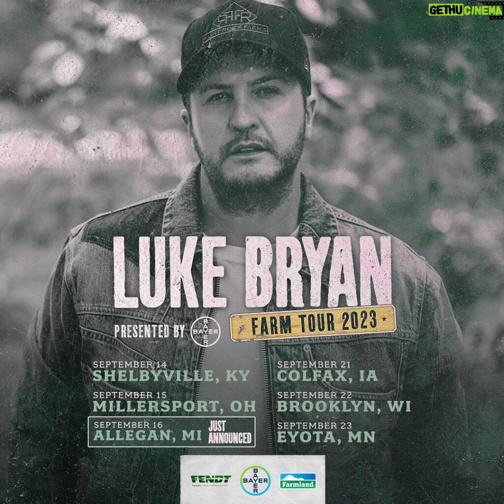 Luke Bryan Instagram - JUST ANNOUNCED! Allegan, MI on Sept 16th will be included as a stop on #FarmTour2023! Nut House members get first access to tickets tomorrow at 10am local time. Not a member, sign up now.