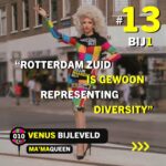 Ma'Ma Queen Instagram - ROTTERDAM REPRESENTS! Venus Bijleveld (die/diens) @iammamaqueen staat op nummer 13 op de kandidatenlijst van @politiek_bij1 voor de Tweede Kamerverkiezingen 2023. Samen met nog vijf andere kandidaten komt Venus uit…jawel..Rotterdam! 📸: @katalinn Venus is een multidisciplinaire performance artist, kunstenaar en dragmoeder. Venus woont in de wijk Feyenoord in Rotterdam Zuid. Wij vroegen Venus zichzelf daar voor te stellen bij diens favoriete plek: het kruispunt Randweg/Beijerlandselaan. Wat wil Venus bereiken voor stemmers binnen en buiten Rotterdam? En wat is diens verbinding met Zuid? Venus: “Ik voel mij thuis in Rotterdam Zuid, en dan met name op dit kruispunt Randweg / Beijerlandselaan. In mijn buurt wonen zoveel verschillende mensen met verschillende culturele achtergronden, afkomsten, leeftijden, religies, queers en trans- personen. Rotterdam Zuid is representing diversity! Er heerst een ‘we are in this together’ mentaliteit: een gelijkwaardig leven en laten leven. Als ik langs dit kruispunt loop voel ik dat echt! Iedereen is hier ‘anders’, maar ieder op een eigen intersectionele manier: wij voelen dat wij als gemarginaliseerde groepen door het huidige systeem niet worden gezien of serieus worden genomen. Dat schept wel een onuitgesproken band! Ik ontken niet dat er op Zuid ook queer- en transhaat heerst, maar ik ervaar juist dagelijks ook veel warme reacties op mijn uitgesproken queer uiterlijk.” Venus is namelijk in ‘full glam’ als Ma’MaQueen, maar ook ‘gewoon’ in broek met hoodie zichtbaar queer, trans, en nonbinair: “Juist nu is representatie hard nodig. Wij zijn er altijd geweest en wij zullen er altijd zijn. Ik hoop dat andere (jongere) queer- en transpersonen mij zien en denken: ‘Ik wil, kan én mag dat ook’. Dat zij zich gezien voelen.” Venus wilt ook een brug zijn voor de ouders, familie en vrienden, de ‘allies’, van de LHBTIQA+ gemeenschap. Ook buiten Rotterdam, in de kleine steden, in de Achterhoek: “Een stem op BIJ1 is een stem vóór jouw LHBTIQA+ dierbare! In deze keiharde rechtse wereld hebben zij jullie stem nodig in hun strijd naar veiligheid!” Caption & ID verder in de comments: