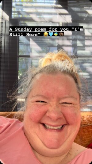 Magda Szubanski Instagram - A Sunday poem for you…”I’m Still Here” 🩵🐘🥰🌸 
ps the elephant is my spirit animal. Along with the Tapir - we wear the same big white undies and have the same dainty feet. If you ever seen a Tapir you’ll know what I mean