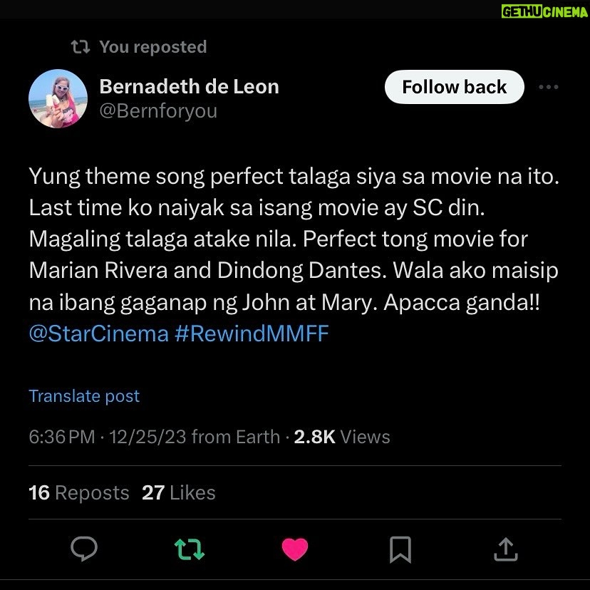 Marian Rivera Instagram - DONGYAN SUPREMACY! 💚🙌🏼 Sulit ang pananabik sa kanilang pagbabalik! Maraming salamat sa mas mainit na pagtangkilik ng #RewindMMFF ngayong DAY 2! Lods namin kayo! Sugod na sa mga sinehan habang may chance ka pang mag-REWIND with your greatest love ngayong holiday season! ⏪🎄 #RewindNowShowing in cinemas nationwide! #MMFF2023