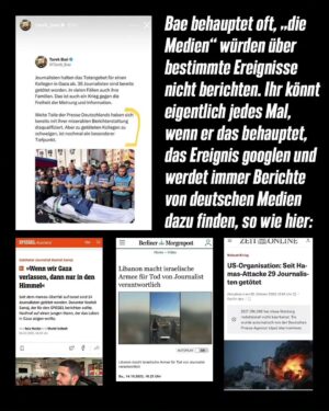 Marie-Agnes Strack-Zimmermann Instagram - Teilt bitte diese lieben Grüße an Tarek Bae 😉

[Er hat mittlerweile auf seiner Instagram Seite auf unsere Recherche reagiert und er ist köstlich peinlich am rumopfern 🥹 

Wir nehmen seinen jämerlichen Verteidigungsversuch noch auseinander, danke schonmal dass du noch mehr Menschen auf unsere Recherche aufmerksam gemacht hast 😇]

Die Glaubwürdigkeit dieser Recherche wird unter anderem garantiert von:

@strackzimmermann
@jamila_anna
@hauptstadtwolf
@ronyaothmann
@ahmad.omeirate

Die hier enthaltenen Informationen und Hinweise dürfen von Journalist:innen, Influencer:innen und auch allen anderen Personen frei benutzt werden.

Alle Slides herunterladbar unter:
https://we.tl/t-jthqpGEaaQ

In der gesamten Recherche geht es um den Verantwortungsvollen Umgang mit Reichweite auf Instagram, sowie dem Kampf gegen Social Media Fake News Propaganda. Es geht explizit NICHT darum, die schlimmen Leiden der Palästinensischen Bevölkerung zu schmälern oder zu verharmlosen.

Auch ist das hier kein Angriff auf Tarek Bae. Im Gegenteil. Wir hoffen, er wird sich bessern. Kritik an der israelischen Regierung ist immer erlaubt. Vorsätzliches Täuschen von Tausenden Follower:innen und das Säen von Hass ist in diesen Zeiten höchst problematisch. 

Danke für Eure Aufmerksamkeit und fürs Teilen der Recherche! ❤️

Die Autor:innen der Recherche wollen anonym bleiben: Danke an "Andreas Holmes" und "Anna Watson" für die Recherche ✌️

#FreePalästinFromHAMAS
#NieWiederIstJETZT

P.S.: Journalist:innen und Influencer:innen die in Zukunft gerne an solchen Recherchen mitwirken oder ihre Reichweite stiften möchten können sich gerne bei diesem Account hier melden 🤝
