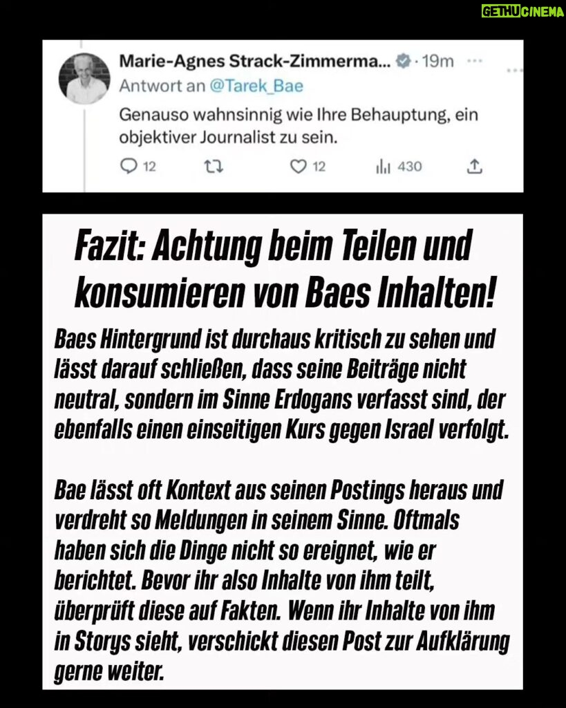 Marie-Agnes Strack-Zimmermann Instagram - Teilt bitte diese lieben Grüße an Tarek Bae 😉 [Er hat mittlerweile auf seiner Instagram Seite auf unsere Recherche reagiert und er ist köstlich peinlich am rumopfern 🥹 Wir nehmen seinen jämerlichen Verteidigungsversuch noch auseinander, danke schonmal dass du noch mehr Menschen auf unsere Recherche aufmerksam gemacht hast 😇] Die Glaubwürdigkeit dieser Recherche wird unter anderem garantiert von: @strackzimmermann @jamila_anna @hauptstadtwolf @ronyaothmann @ahmad.omeirate Die hier enthaltenen Informationen und Hinweise dürfen von Journalist:innen, Influencer:innen und auch allen anderen Personen frei benutzt werden. Alle Slides herunterladbar unter: https://we.tl/t-jthqpGEaaQ In der gesamten Recherche geht es um den Verantwortungsvollen Umgang mit Reichweite auf Instagram, sowie dem Kampf gegen Social Media Fake News Propaganda. Es geht explizit NICHT darum, die schlimmen Leiden der Palästinensischen Bevölkerung zu schmälern oder zu verharmlosen. Auch ist das hier kein Angriff auf Tarek Bae. Im Gegenteil. Wir hoffen, er wird sich bessern. Kritik an der israelischen Regierung ist immer erlaubt. Vorsätzliches Täuschen von Tausenden Follower:innen und das Säen von Hass ist in diesen Zeiten höchst problematisch. Danke für Eure Aufmerksamkeit und fürs Teilen der Recherche! ❤️ Die Autor:innen der Recherche wollen anonym bleiben: Danke an "Andreas Holmes" und "Anna Watson" für die Recherche ✌️ #FreePalästinFromHAMAS #NieWiederIstJETZT P.S.: Journalist:innen und Influencer:innen die in Zukunft gerne an solchen Recherchen mitwirken oder ihre Reichweite stiften möchten können sich gerne bei diesem Account hier melden 🤝