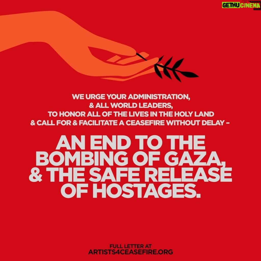 Mark Ruffalo Instagram - We come together as artists and advocates, but most importantly as human beings witnessing the devastating loss of lives and unfolding horrors in Israel and Palestine. Please join us in demanding that Congress, @POTUS, and other world leaders call for an immediate de-escalation and ceasefire in Gaza and Israel before another life is lost. We must facilitate a ceasefire without delay – an end to the bombing of Gaza, the safe release of all hostages, and adequate access for humanitarian aid to reach the people that desperately need it. Read our full letter at artists4ceasefire.org