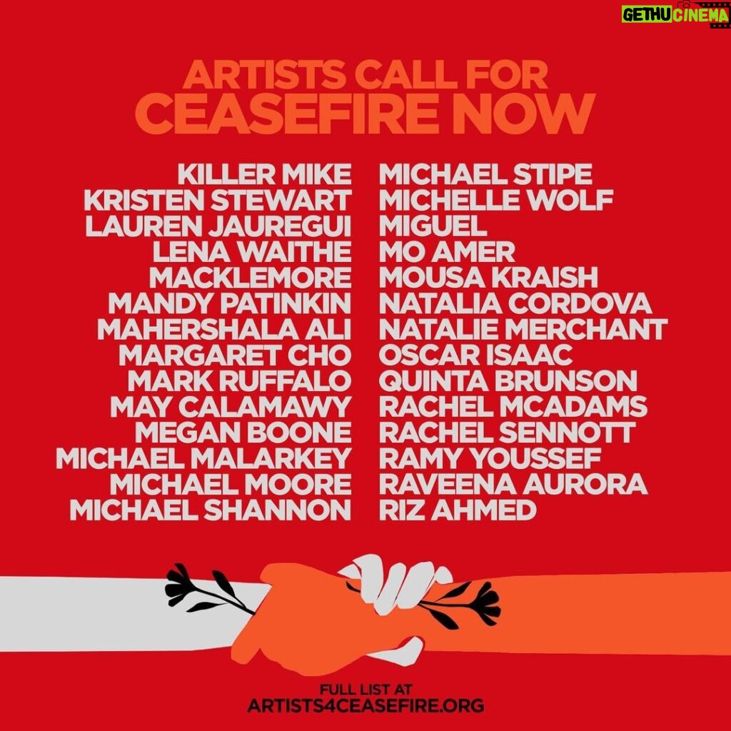 Mark Ruffalo Instagram - We come together as artists and advocates, but most importantly as human beings witnessing the devastating loss of lives and unfolding horrors in Israel and Palestine. Please join us in demanding that Congress, @POTUS, and other world leaders call for an immediate de-escalation and ceasefire in Gaza and Israel before another life is lost. We must facilitate a ceasefire without delay – an end to the bombing of Gaza, the safe release of all hostages, and adequate access for humanitarian aid to reach the people that desperately need it. Read our full letter at artists4ceasefire.org