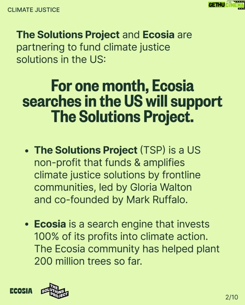 Mark Ruffalo Instagram - Have you joined the climate justice movement yet? @solutions.project works with frontline communities across the US, and you can support them and their grantee partners by switching your search engine to @ecosia, a free green search engine dedicating 100% of its profits to climate action. For one month, any additional Ecosia profits in the US are going directly to The Solutions Project. We’re making progress for the planet, and you can be part of it 🌎💚 Switch to Ecosia at ecosia.co/mark or at the link in bio #climatejustice #ecosiaxthesolutionsproject