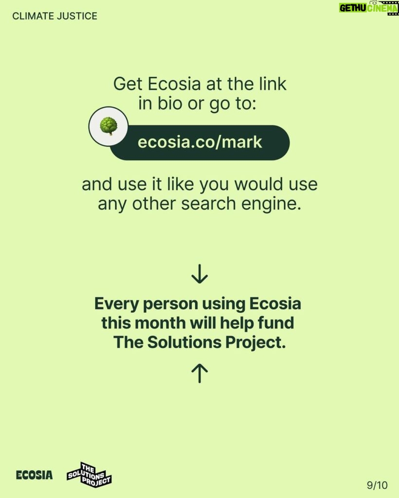 Mark Ruffalo Instagram - Have you joined the climate justice movement yet? @solutions.project works with frontline communities across the US, and you can support them and their grantee partners by switching your search engine to @ecosia, a free green search engine dedicating 100% of its profits to climate action. For one month, any additional Ecosia profits in the US are going directly to The Solutions Project. We’re making progress for the planet, and you can be part of it 🌎💚 Switch to Ecosia at ecosia.co/mark or at the link in bio #climatejustice #ecosiaxthesolutionsproject