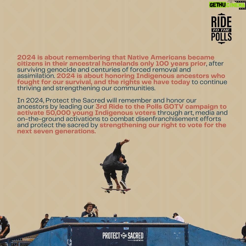 Mark Ruffalo Instagram - If you’re looking for a place to give this holiday season, @protectsacred has launched its “Ride for Democracy” fundraiser to support their 2024 Ride to the Polls GOTV campaign - a movement to inspire and empower Indigenous youth (16-35 years old) to reclaim and honor their collective power through storytelling and culturally-relevant content, and joyful on-the-ground community activations for voter registration and getting to the polls. Join their efforts to RIDE TO THE POLLS in 2024 to protect Indigenous rights and democracy for all! Start by visiting https://iwillharness.com/?form=FUNLWCRVVPZ (the link in their bio) to donate today. #RideForDemocracy #RidingForDemocracy #RideToThePolls #ProtectTheSacred