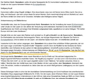 Martin Sonneborn Instagram - Geschafft! Vom Politclown zum kleinen gallischen Dorf aufgestiegen... Smiley!
Aber: Das Wortspiel, liebe Weltwoche, lautet natürlich: "Europa nicht den Leyen überlassen!" 
(So hab' ich's auch gesagt, aber das können die Schweizer natürlich nicht heraushören...)