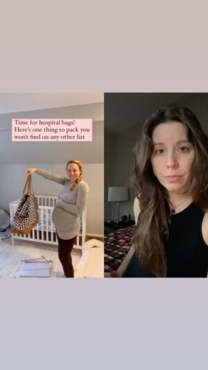 Mary Katharine Ham Instagram - I’m STILL pregnant, so why don’t you get ready with me? This is actually the go bag my stuff is in (very utilitarian husband grabbed it for my pile of stuff after I gathered it) and I should really put it in a backpack or something. I respect this mom’s game though I will never emulate it. For the record, I’m not even 40 wks yet, but all my other kids were early, so I’m spoiled. This one is hanging in there. Also, for the record, in this bag, I have comfy clothes, slippers, and my own face wash and lotion since it’s nice to pamper yourself a little in that first post-baby shower. I also rented a knit matching set from @nuuly, so I might even attempt some style on my way home.  #thirdtrimester #pregnancyreels