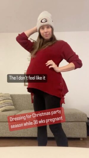 Mary Katharine Ham Instagram - Dressing while pregnant. It’s a whole thing. I’ve been trying to take some risks and look like a real human during the home stretch. It’s decent motivation to have an event every 3 days. Here’s what I’ve come up with! These are all a combo of @nuuly rentals (baggy velvet pants and caftan are @freepeople), @goodwillintl (blazer and sweater), and my closet (green dress and tank top). Make it work!  #thirdtrimester #pregnantbelly #pregnancy