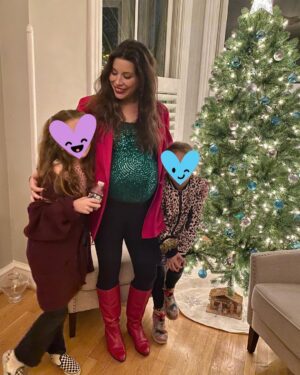 Mary Katharine Ham Instagram - When it’s probably the last Christmas party you’re making it to this year, you take your two big kids and your green disco ball baby out too late and eat too many cookies @ksoltisanderson’s house! 

I assume this the only time in my life when a maternity unitard, a green sequin tank top, an oversized 80s blazer with shoulder pads and these “Hot Tub Time Machine” ski lodge boots will be exactly the correct vibe, and I’m thankful I found my moment. Now, I’m wearing sweatpants for the rest of the year. ❤️🎄💚

Someone asked, so blazer = Goodwill, unitard = @nuuly, boots = thrift store, green top = BCBG outlet in the Year of our Lord 2003.