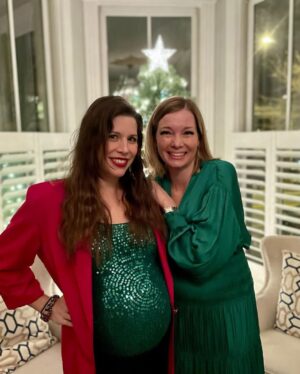 Mary Katharine Ham Instagram - When it’s probably the last Christmas party you’re making it to this year, you take your two big kids and your green disco ball baby out too late and eat too many cookies @ksoltisanderson’s house! 

I assume this the only time in my life when a maternity unitard, a green sequin tank top, an oversized 80s blazer with shoulder pads and these “Hot Tub Time Machine” ski lodge boots will be exactly the correct vibe, and I’m thankful I found my moment. Now, I’m wearing sweatpants for the rest of the year. ❤️🎄💚

Someone asked, so blazer = Goodwill, unitard = @nuuly, boots = thrift store, green top = BCBG outlet in the Year of our Lord 2003.