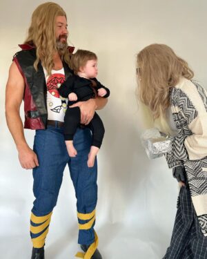Mary Katharine Ham Instagram - Thor’s Hammer has a breakdown. She was not here for blonde, superhero parents. Also, I was lazy with this baby and did not train her to tolerate cute hats, so when I tried to put a beanie on her with a styrofoam hammer pinned to it, turns out she didn’t want it on. Go figure! 

Shout-out to Steve for handling a lot of the Thor costuming. I did 6 costumes for the family last year 8 days postpartum and I was kinda in need of a break. He also worked hard on his arms so as not to be shamed by Hemsworth, and I worked very hard on this belly so as not to be shamed by the Marvel costume/prosthetics department.

#avengers #thorloveandthunder #marvel #halloweencostume