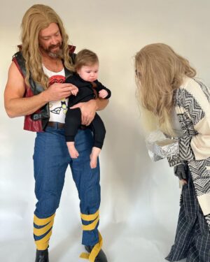 Mary Katharine Ham Instagram - Thor’s Hammer has a breakdown. She was not here for blonde, superhero parents. Also, I was lazy with this baby and did not train her to tolerate cute hats, so when I tried to put a beanie on her with a styrofoam hammer pinned to it, turns out she didn’t want it on. Go figure! 

Shout-out to Steve for handling a lot of the Thor costuming. I did 6 costumes for the family last year 8 days postpartum and I was kinda in need of a break. He also worked hard on his arms so as not to be shamed by Hemsworth, and I worked very hard on this belly so as not to be shamed by the Marvel costume/prosthetics department.

#avengers #thorloveandthunder #marvel #halloweencostume