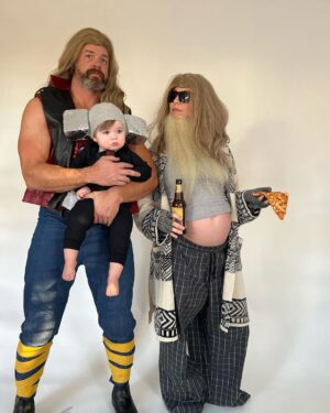 Mary Katharine Ham Instagram - Thor’s Hammer has a breakdown. She was not here for blonde, superhero parents. Also, I was lazy with this baby and did not train her to tolerate cute hats, so when I tried to put a beanie on her with a styrofoam hammer pinned to it, turns out she didn’t want it on. Go figure! 

Shout-out to Steve for handling a lot of the Thor costuming. I did 6 costumes for the family last year 8 days postpartum and I was kinda in need of a break. He also worked hard on his arms so as not to be shamed by Hemsworth, and I worked very hard on this belly so as not to be shamed by the Marvel costume/prosthetics department.

#avengers #thorloveandthunder #marvel #halloweencostume