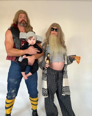 Mary Katharine Ham Instagram - Thor’s Hammer has a breakdown. She was not here for blonde, superhero parents. Also, I was lazy with this baby and did not train her to tolerate cute hats, so when I tried to put a beanie on her with a styrofoam hammer pinned to it, turns out she didn’t want it on. Go figure! 

Shout-out to Steve for handling a lot of the Thor costuming. I did 6 costumes for the family last year 8 days postpartum and I was kinda in need of a break. He also worked hard on his arms so as not to be shamed by Hemsworth, and I worked very hard on this belly so as not to be shamed by the Marvel costume/prosthetics department.

#avengers #thorloveandthunder #marvel #halloweencostume
