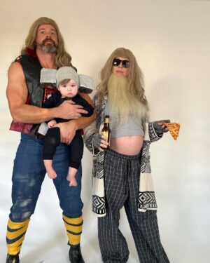 Mary Katharine Ham Instagram - Thor’s Hammer has a breakdown. She was not here for blonde, superhero parents. Also, I was lazy with this baby and did not train her to tolerate cute hats, so when I tried to put a beanie on her with a styrofoam hammer pinned to it, turns out she didn’t want it on. Go figure! 

Shout-out to Steve for handling a lot of the Thor costuming. I did 6 costumes for the family last year 8 days postpartum and I was kinda in need of a break. He also worked hard on his arms so as not to be shamed by Hemsworth, and I worked very hard on this belly so as not to be shamed by the Marvel costume/prosthetics department.

#avengers #thorloveandthunder #marvel #halloweencostume