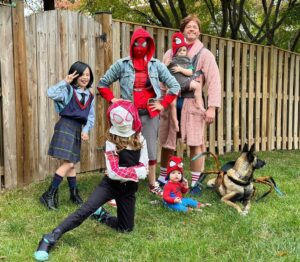 Mary Katharine Ham Instagram - All right, let’s do this one last time. We are Gwen Stacy, Peni Parker, Miles Morales and Peter Porker (Spider-Ham!), Peter Parker and Mayday. We were bitten by a radioactive spider (Scout), and for one night, we’ve been the one and only Spider-Man. I’m pretty sure you know the rest. 🕷️🕸️🎃 #halloweencostume #intothespiderverse