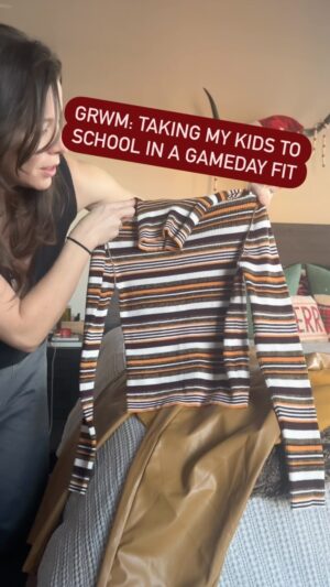 Mary Katharine Ham Instagram - Dressing up as @taylorswift’s boyfriend for school drop-off. I should never doubt myself in a thrift store! I mean, I don’t have @emzanotti thrifting luck where I actually find luxury items. But I have VERY SPECIFIC thrift store luck, like when I looked at @killatrav’s outfit and that very day, I found a mustard yellow Liz Claiborne blazer, a mustard pleather pair of pants and a 90s ribbed, striped turtleneck in under 10 mins. 

I owned this hat and these comically matching chunky boots, too. I added a maroon striped sock that doesn’t tie it all together because you can’t see it, but I liked the *idea* of it. See the kids’ verdict in the video. Oddly enough, I think it was my husband, not the kids, who found my last outfit most cringey. Haha. 

(Also, apologies to my Bills fans friends. I did the outfit the thrift store gave unto me. It is not personal and I bought it before the game! I know that was a heartbreaker.) #nflgameday #gamedayfit #grwm #traviskelce #jasonkelce #traylor #chiefs #momstyle