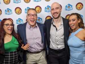 Matthew Rehwoldt Instagram - Awesome time last night at @njpw1972 #ASJF2023 with my broadcast colleagues! Catch up on @njpwworld_official if you missed the “meaty juicy” action! 

🤳 @vforveda