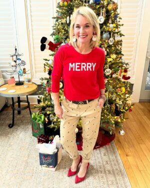 Meaghan B. Murphy Instagram - Guess which Christmas fit the kids voted on?! 
A. Tree-mendous 🌲skirt + headband combo w/ present 🎁 shoes
B. Tree pants 🌲 w/ MERRY shirt + red heels 👠 because apparently khakis are “boy pants”
C. Fa-la-la sweater + quilted shorts & my wedding shoes ❄️ 

#christmas #christmasoutfit #christmasoutfits #holidaylewks #festivevibes #festivewear