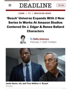 Michael Connelly Instagram - Big News! Amazon Studios Expands Bosch Universe With Two New Development Deals. Centered On J. Edgar & Renee Ballard Characters The first, the Untitled J. Edgar project, is a police drama following Harry Bosch’s former partner, Detective Jerry Edgar, who is tapped for an undercover FBI mission in Little Haiti, Miami. The second project, Untitled Renee Ballard centers around Detective Renee Ballard, who is tasked with running the LAPD’s new cold case division.