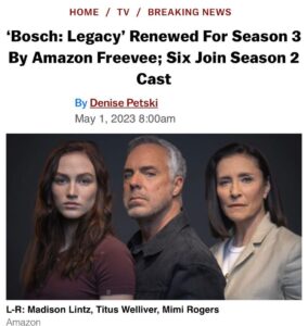 Michael Connelly Instagram - From @deadline: Harry Bosch will continue to crack cases for the foreseeable future. Ahead of the Season 2 premiere this fall, Bosch: Legacy, the spinoff of the longrunning Amazon crime series, has been renewed for a third season. Amazon Freevee announced the renewal Monday, prior to the Amazon NewFront presentation. Read the full article on deadline.com. … #boschlegacy #boschlegacyseason2 #boschlegacyseason3 @boschamazon @amazonfreevee @primevideo