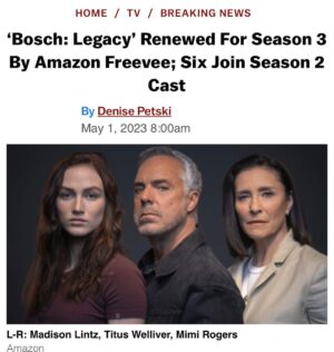 Michael Connelly Instagram - From @deadline:

Harry Bosch will continue to crack cases for the foreseeable future. Ahead of the Season 2 premiere this fall, Bosch: Legacy, the spinoff of the longrunning Amazon crime series, has been renewed for a third season. Amazon Freevee announced the renewal Monday, prior to the Amazon NewFront presentation.

Read the full article on deadline.com.
…
#boschlegacy #boschlegacyseason2 #boschlegacyseason3 @boschamazon @amazonfreevee @primevideo