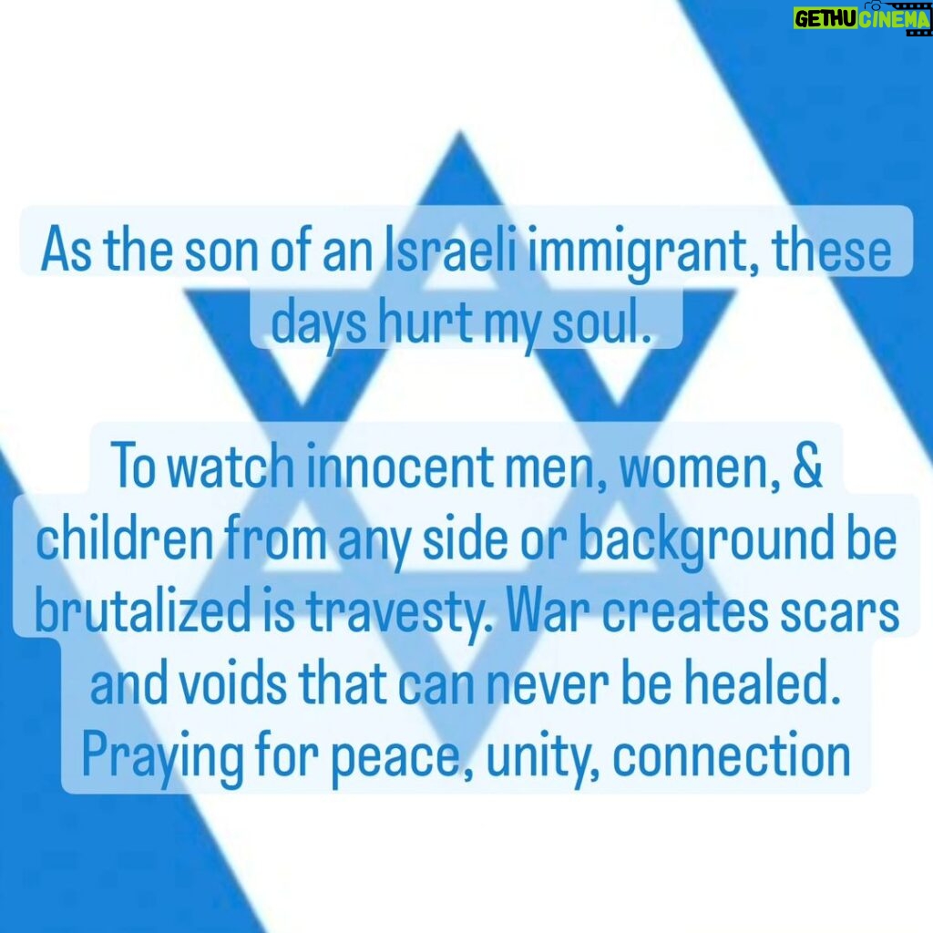 Michael Fishman Instagram - As the son of an Israeli immigrant, these days hurt my soul. To watch innocent men, women, & children from any side or background be brutalized is travesty. War creates scars and voids that can never be healed. Praying for peace, unity, connection #Israel #Gaza #War