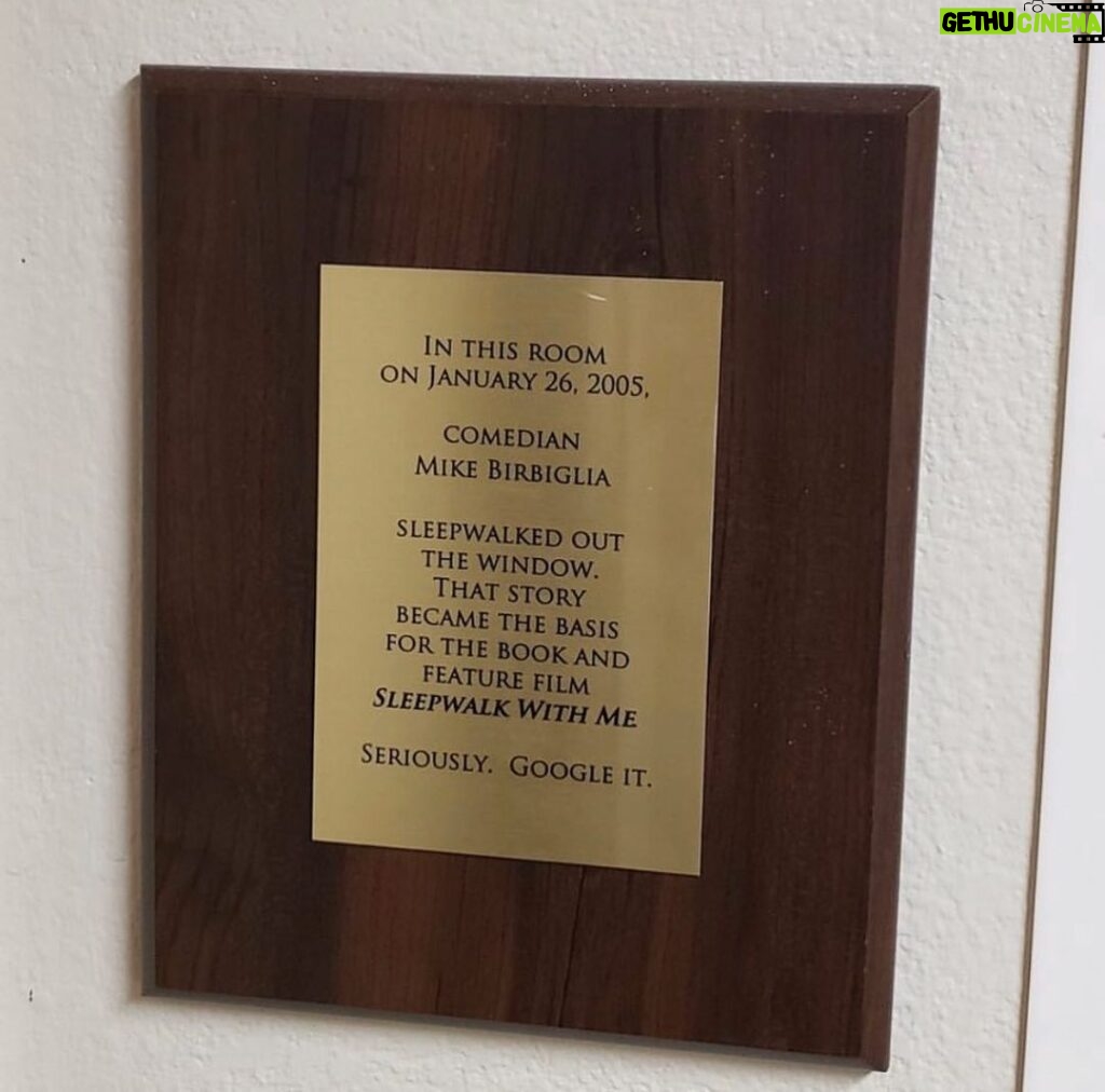 Mike Birbiglia Instagram - 18 years ago today I jumped through a second story window of a La Quinta Inn in Walla Walla, Washington and lived to tell jokes about it. I made a show about it. A movie. A book. I remember thinking at the time “if I don’t take photos of what just happened no one is going to believe it.” Here are a couple photos that are also in the credits of my film “Sleepwalk With Me” (produced by @iraglass pictured in car) as well as some extra photos like the one I took from the stage I performed at that night at Whitman College. It’s a very lucky thing to be able to create art from pain. Living through this experience taught me a lot about the ways in which I could stretch my own comedy. Thanks for letting me do that. There’s some really cool news coming this year about “Sleepwalk With Me”. Stay tuned. (p.s. that plaque really exists in what is now I believe a comfort inn but I recently discovered it’s off by a week.) For context the first half of the photos are from Walla Walla Washington and the second half of the photos are the filming of the movie “Sleepwalk With Me” loosed base on the events which premiered at @sundanceorg film fest in 2012. (Avail on @ifcfilms and all the places you can rent films.) 🎥 #sundancefilmfestival #sleepwalkwithme #wallawalla ONE MORE THING— the original short story version of it was told on @mothstories as well as @thisamerlife. 🎶❤️