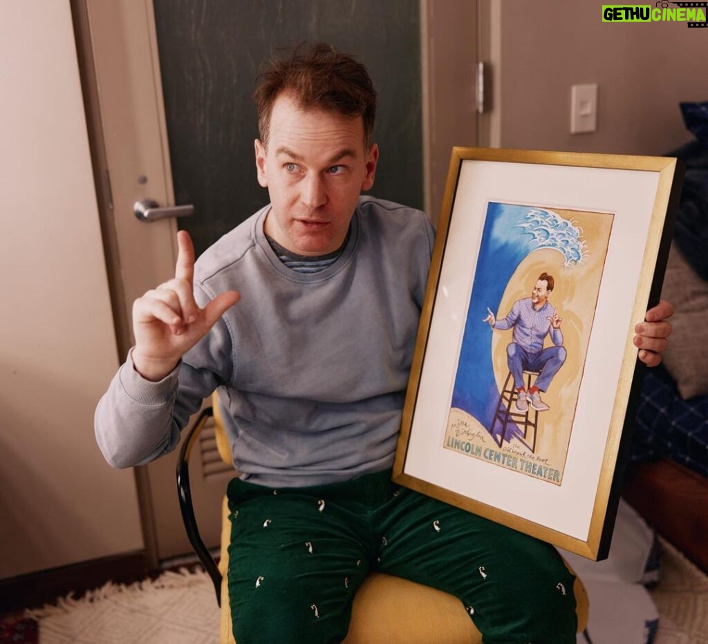 Mike Birbiglia Instagram - Possibly the best gift I’ve ever received? It’s an original @jamesmcmullanart. Every day at @lincolncenter for the last 3 months I have admired the show art by this tremendous artist on the walls. On my final night my producers gave me a painting they commissioned from James Mcmullan for our show. Thanks to @jfj4 @sdwags @gregnobile and @patrickt77. Incredible producers. Unimaginably cool experience. Thanks to everybody who helped make @oldmanpoolbway a reality. I will miss it so much. ❤️😢 (📸 by @emiliomadrid) Lincoln Center Theater