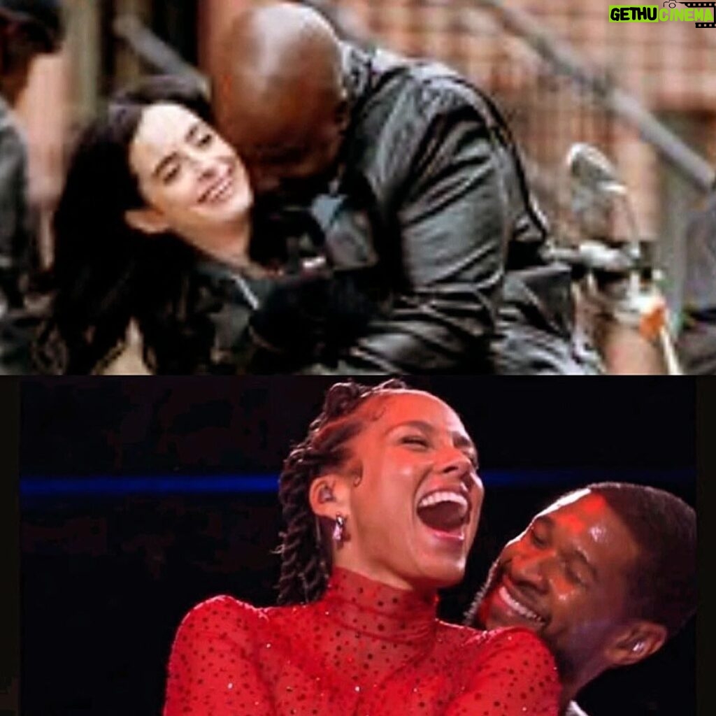 Mike Colter Instagram - We did it first😆 Happy Valentine's Day to everyone ♥️ Have a great day at work 😁🫶 Luke & Jessica Forever @therealkrystenritter #lukecage #jessicajones #throwback #coworkersbelike #justjokes #aliciakeys #usher #yallplaytoomuch #happyvalentinesday kr
