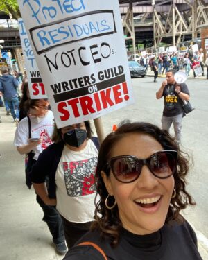 Monique Gabriela Curnen Instagram - Making our voices heard in NYC today with @writersguildwest @wgaeast @wgawest @wgaunity @sagaftra #unionstrong #respectwriters #livingwage #fairpay #shareprofits