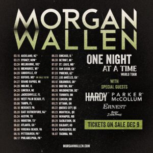 Morgan Wallen Instagram - One Night At A Time World Tour – Verified Fan Presale 12/7 
 
2023 is gonna be a special year… I got a lot in store for y’all and thought we’d start with this… make sure you head to my website morganwallen.com to sign up for verified fan to get your unique code for the pre-sale on Wed 12/7. VIP Packages will be available.
 
Verified Fan Pre-sale –– Wednesday 12/7 (US & Canada Only) *times vary per market
Fan Club Pre-sale –– Wednesday 12/7 (Australia & New Zealand Only) *times vary per market
Public on sale –– Friday 12/9 *times vary per market
 
Ready for y’all to hear what we’ve been working on so I’m dropping a few songs at midnight eastern time tonight. 
One Thing At A Time
Tennessee Fan
Days That End In Why