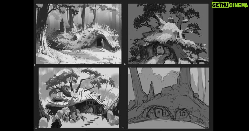 Naveen Selvanathan Instagram - Here is the exterior of the bear cottage painting and some rough idea sketches. I took inspiration from the beautiful initial designs done by @ianmcque. The last image is the family portrait hanging in the living room . . . #pussinboots #cottagecore #cottagecoreaesthetic #forestdwelling #winterwonderland #instaartist #naveenselvan