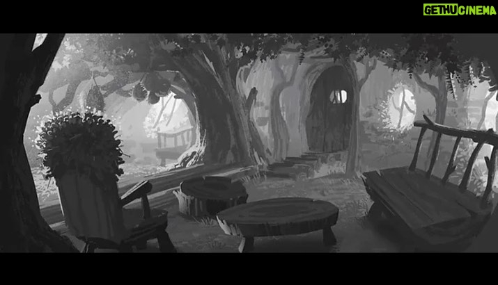 Naveen Selvanathan Instagram - Production designer Nate Wragg encouraged artists to take ownership of a location and work on ever aspect including designing, painting and doing lighting keys for the location. I was asked to design the bear cottage which was supposed to look very rustic, like bears built it. I took inspiration from some of early designs done by the amazing @ianmcque .Here is the painting and some sketches of the interior. Merry Christmas everybody!!. #pussinboots #illustrationartists #instaart #naveenselvan