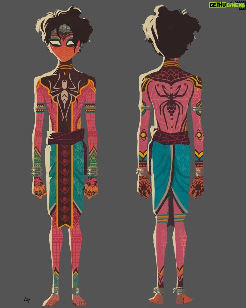 Naveen Selvanathan Instagram - For the next round of Pavitr suit design, we decided to go in the pink direction. I tried to give him some intricate secondary details inspired by mehandi designs and temple bas relief motifs. @spiderversemovie #pavitrprabhakar #indianspiderman