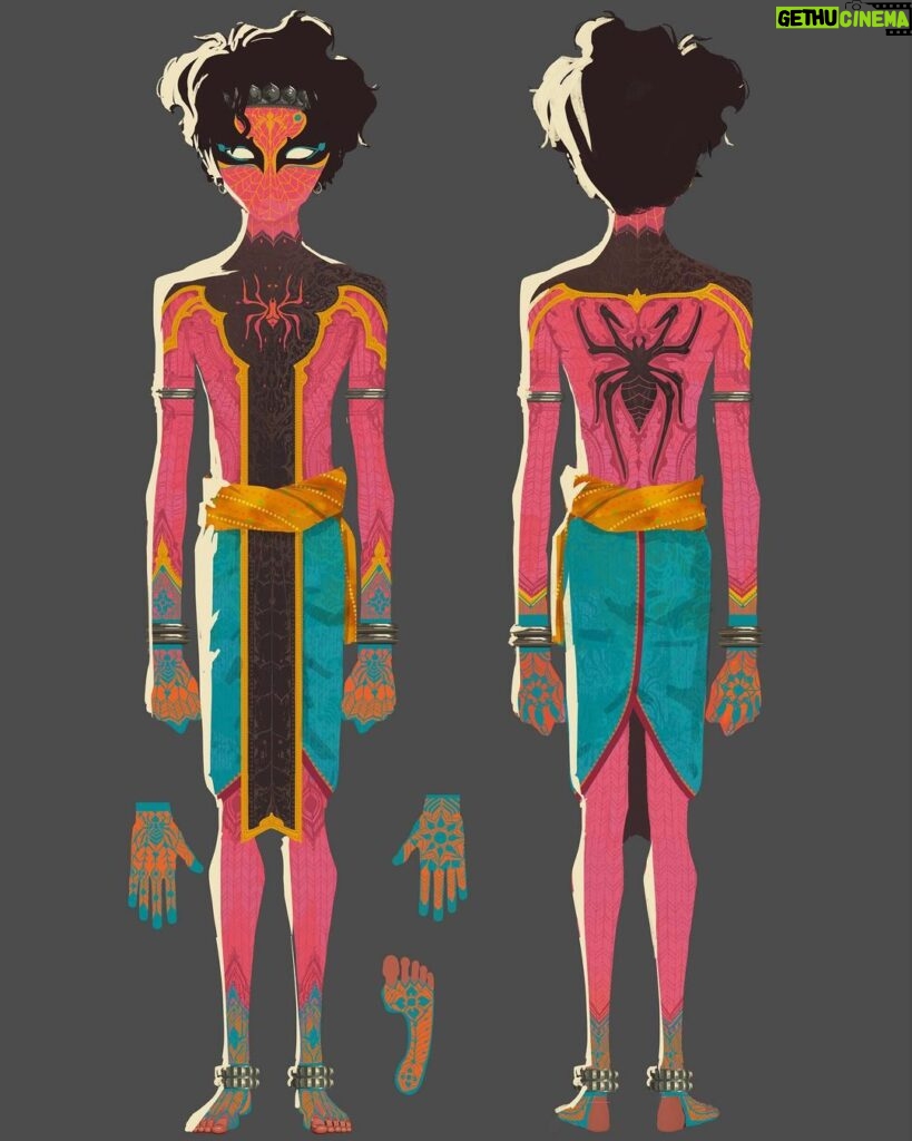 Naveen Selvanathan Instagram - For the next round of Pavitr suit design, we decided to go in the pink direction. I tried to give him some intricate secondary details inspired by mehandi designs and temple bas relief motifs. @spiderversemovie #pavitrprabhakar #indianspiderman