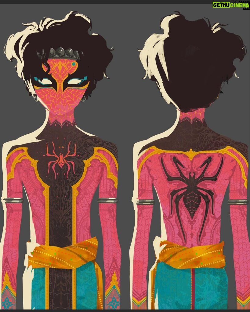 Naveen Selvanathan Instagram - For the next round of Pavitr suit design, we decided to go in the pink direction. I tried to give him some intricate secondary details inspired by mehandi designs and temple bas relief motifs. @spiderversemovie #pavitrprabhakar #indianspiderman