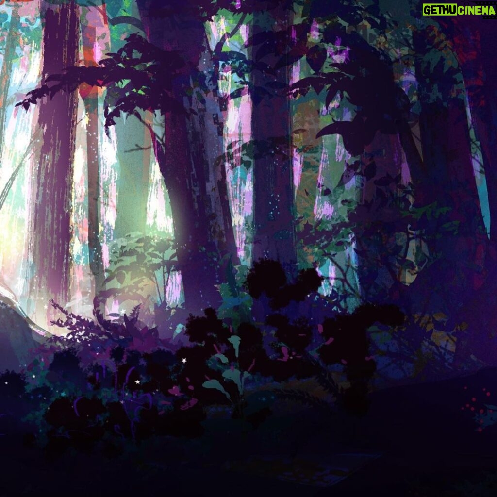 Naveen Selvanathan Instagram - Painting of the dark forest based on the sketch by @ianmcque. Tried experimenting with prismatic colors and chromatic aberration. This was before we went in a more fun and colorful direction. #pussinboots #pussinbootsthelastwish #magicalforest