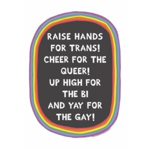 Nicole da Silva Instagram - Happy World Pride, you delicious things! 💕 🌈 

Image by: @lukejohnmatthewarnold 

Description:
White writing on a black background with a rainbow border says “Raise hands for trans! Cheer for the Queer! Up High for the Bi and Yay for the Gay!”