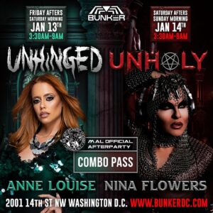 Nina Flowers Instagram - Prepare yourselves for the official MAL afterparties with DJs Anne Louise and Nina Flowers at BUNKER! 😈 At Friday’s UNHINGED, experience the DC debut of international Brazilian DJ Anne Louise.  At Saturday's debaucherous UNHOLY, DJ Nina Flowers makes her BUNKER afterparty debut.  VIP Combo passes available now at www.bunkerdc.com