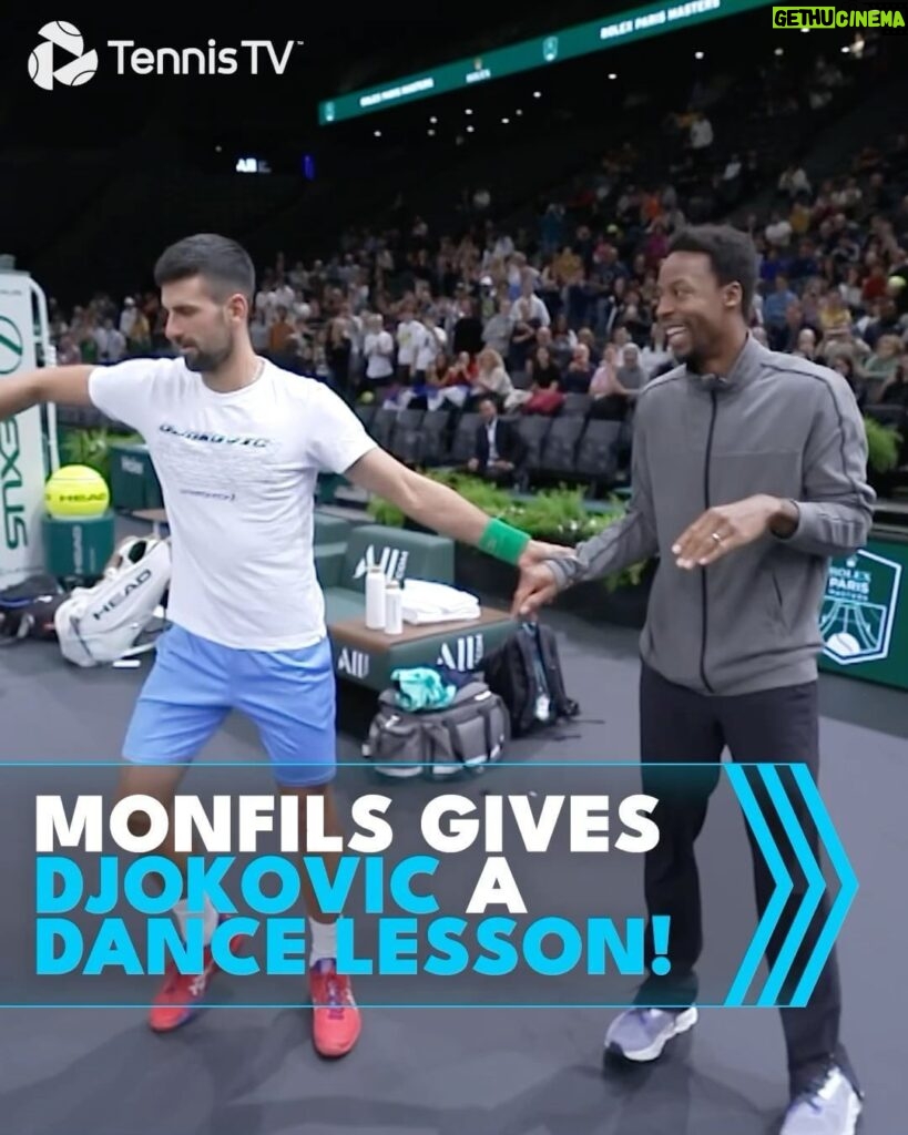 Novak Djokovic Instagram - New post-match celebration? 🕺🏼 @djokernole @iamgaelmonfils . #tennis #tennistv #atp #sports #djokovic #monfils #rolexparismasters Paris, France
