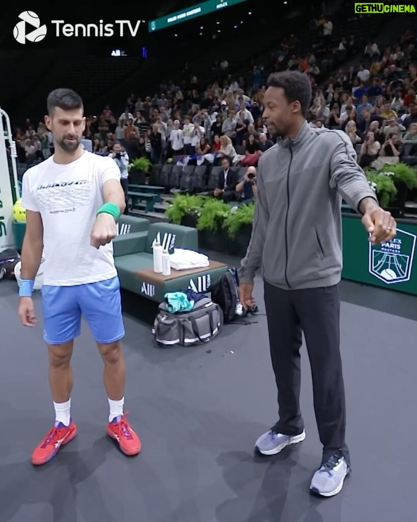 Novak Djokovic Instagram - New post-match celebration? 🕺🏼 @djokernole @iamgaelmonfils . #tennis #tennistv #atp #sports #djokovic #monfils #rolexparismasters Paris, France