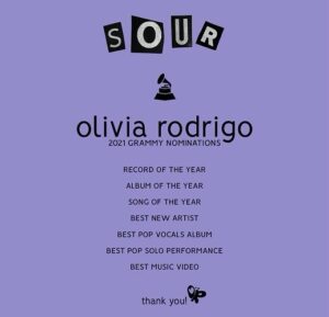 Olivia Rodrigo Instagram - woke up this morning to 7 Grammy nominations. when I was younger, my family lived a few blocks from the staples center, where the Grammys took place every year. I would always walk outside the arena and look at the plaques on the ground with all the winners names in wide eyed wonder. i went to the Grammy museum so many of my free weekends bc I was so fascinated by the history of the show and all of the incredible musicians that made it up. many dreams have come true for me this year but this one is probably the most meaningful. thank you to everyone who has believed in me and supported the songs I write. and thank you to @recordingacademy for the recognition. I’m beyond humbled. truly a day I will never forget. so grateful aghhh❤️💜❤️💜