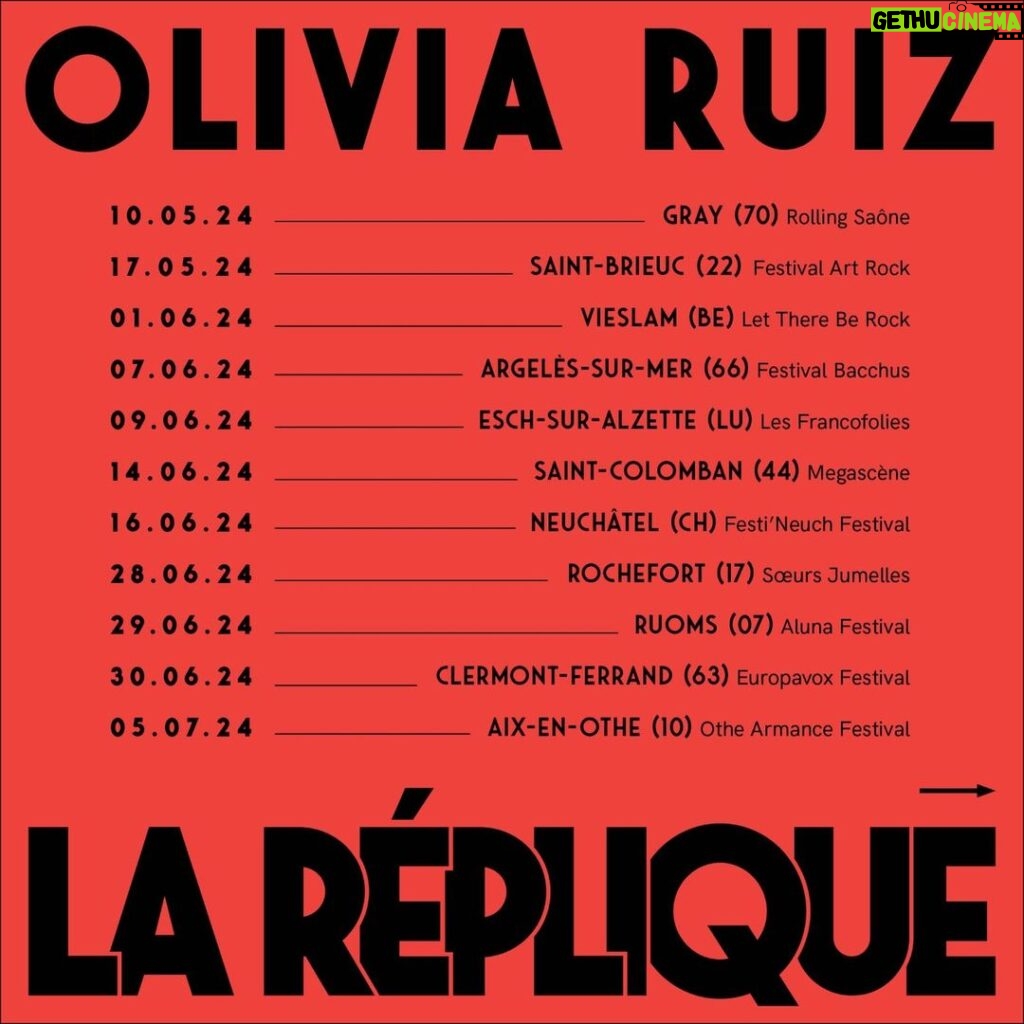 Olivia Ruiz Instagram - Quand je regarde cette liste de concerts à venir, je ne sais plus si je suis trooooop joyeuse, impatiente, flippée, excitée, en panique, au taquet, on fire…. Ou bel et bien tout ça à la fois… de savoir que nos retrouvailles approchent… 😅❤️‍🔥🥵🤗💗💝❤️‍🔥